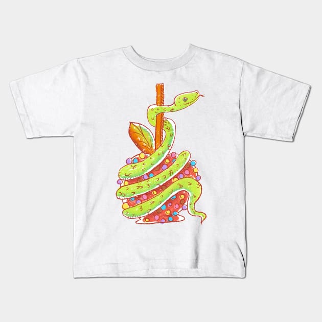 Green Snake on a Red Candy Apple Kids T-Shirt by narwhalwall